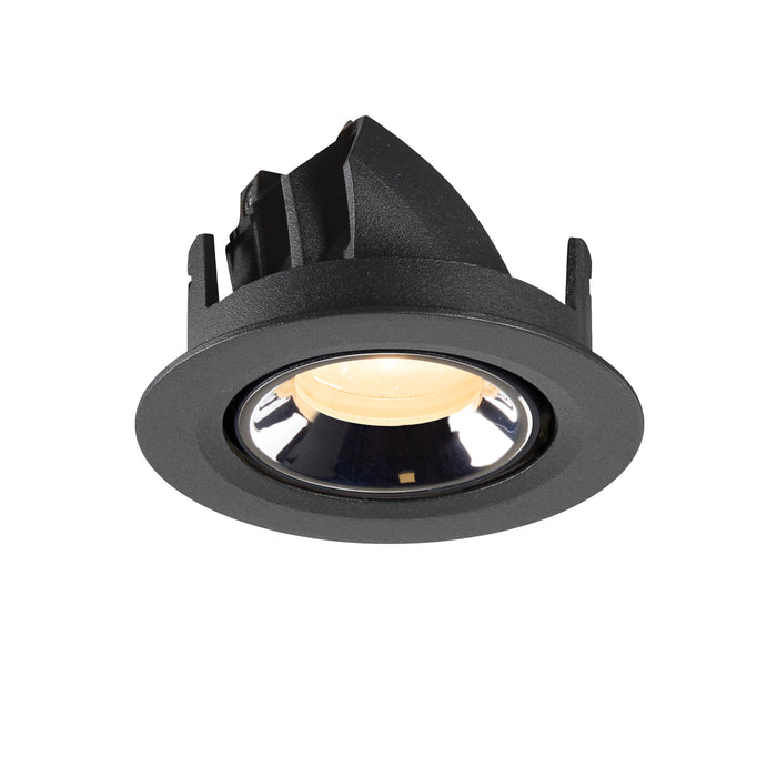Recessed downlight in black aluminum with a polished chrome reflector, designed for ceiling mounting.