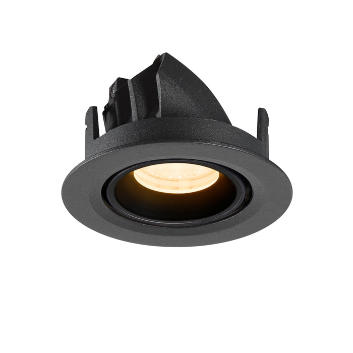 Black recessed ceiling light fixture, adjustable angle, textured finish.