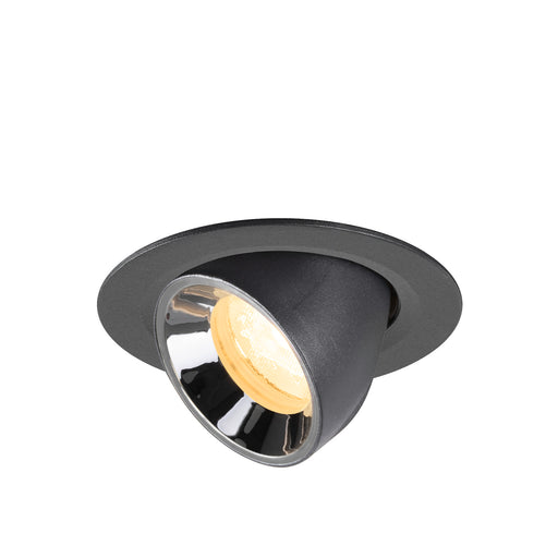 Recessed spotlight made of metal with a matte black finish and chrome reflector, designed for ceiling mounting.