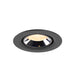 Recessed ceiling light fixture in black metal with a polished finish and warm LED bulb, designed for flush mounting.
