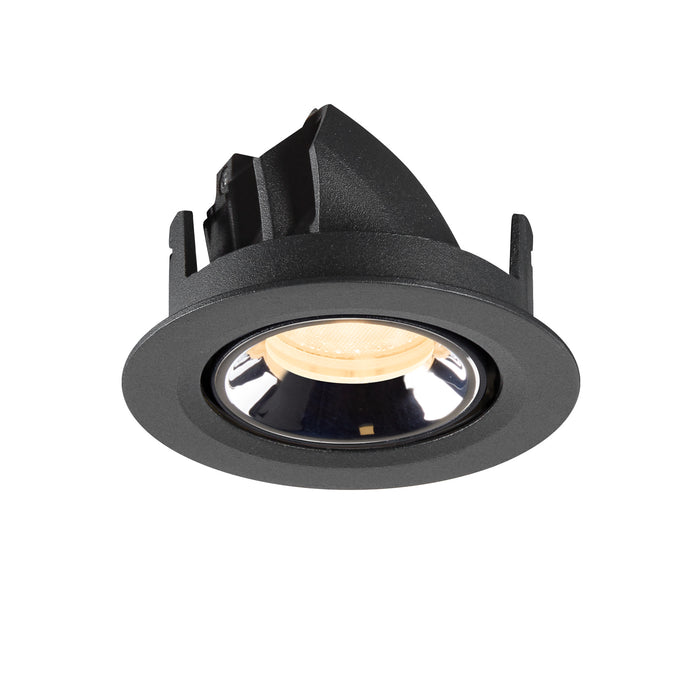 Recessed ceiling light fixture in black metal with a reflective finish and warm white LED bulb, designed for easy mounting in various spaces.