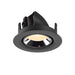 Recessed ceiling light fixture in black metal with a reflective finish and warm white LED bulb, designed for easy mounting in various spaces.