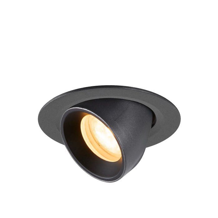 Black recessed ceiling light fixture, adjustable angle, matte finish.