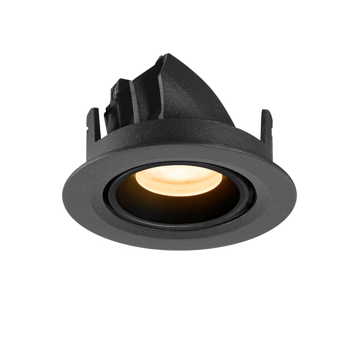 Black recessed ceiling light fixture, adjustable gimbal, textured finish.