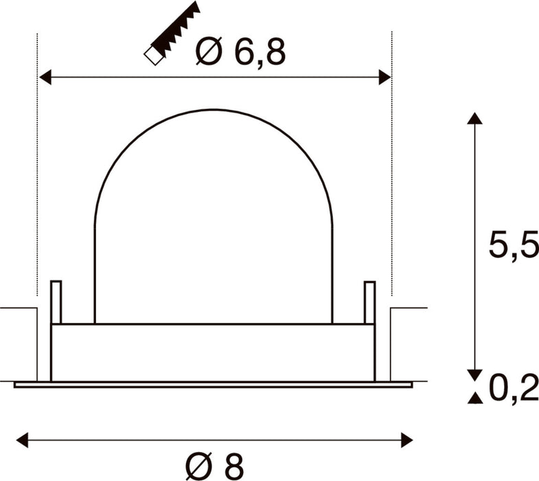 Technical drawing with dimensions for a recessed light fixture.