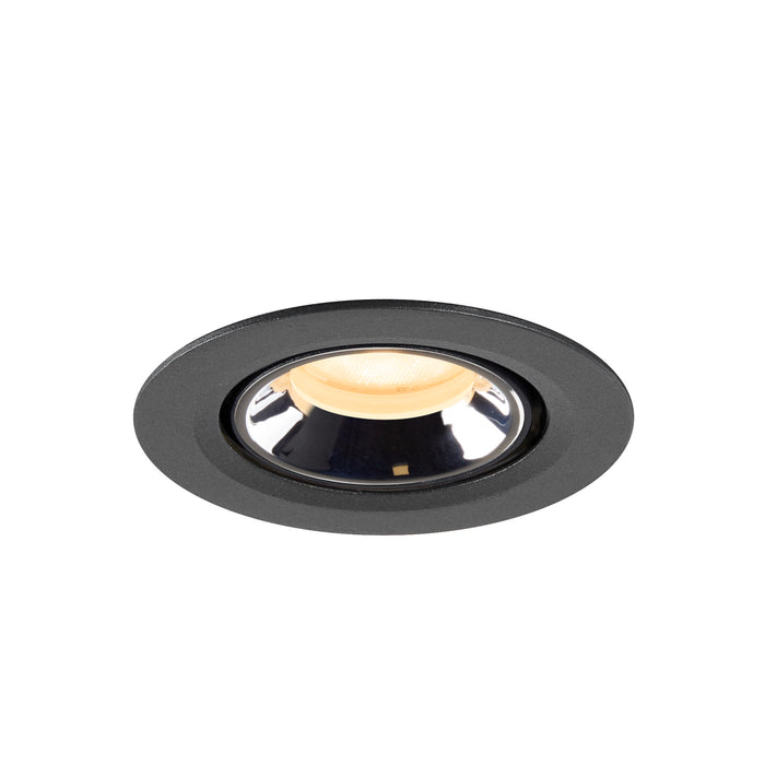 Recessed downlight in black metal finish with a polished reflector and warm white LED bulb, designed for ceiling mounting.