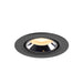Recessed downlight in black metal finish with a polished reflector and warm white LED bulb, designed for ceiling mounting.