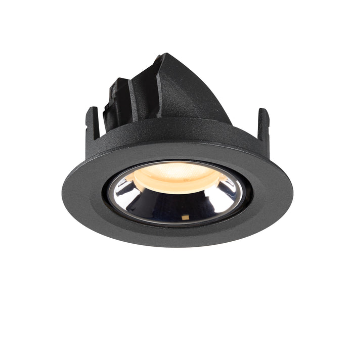 Recessed ceiling light fixture in black metal with a polished chrome reflector and warm white LED bulb, designed for easy mounting.