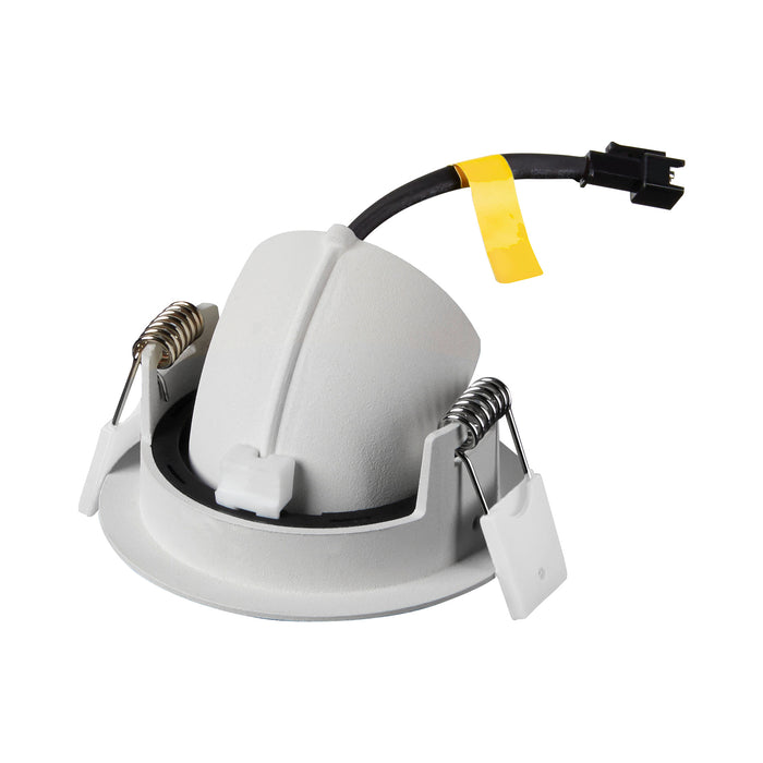White plastic light fixture housing with a black wire and yellow label, featuring spring clips for mounting.
