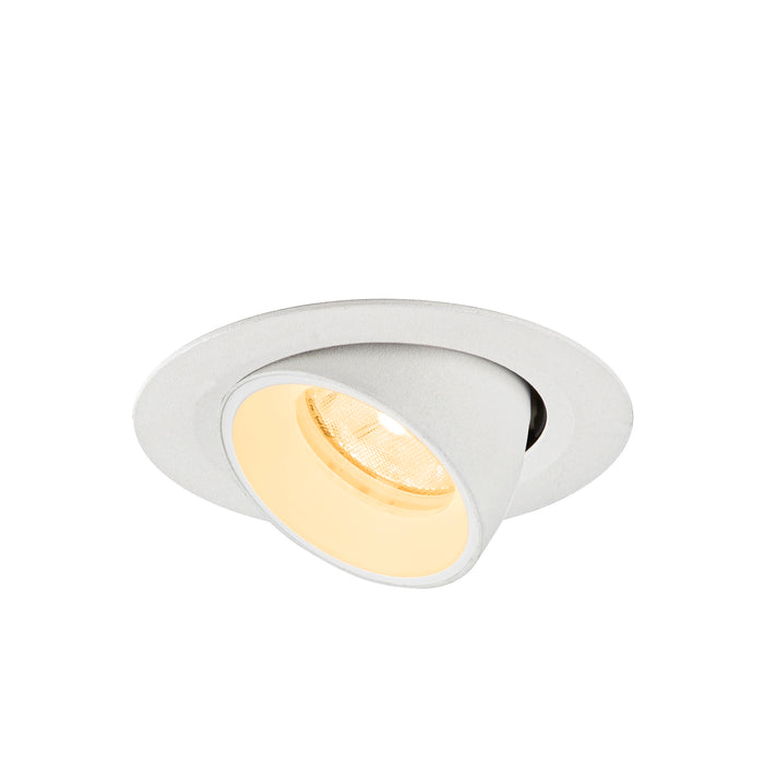 White recessed ceiling light fixture, adjustable angle, textured finish.
