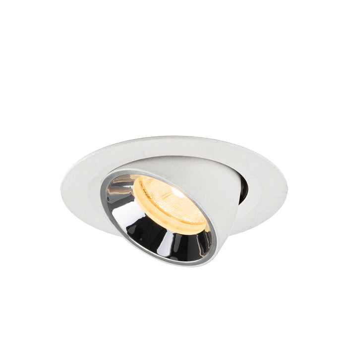 Recessed spotlight made of metal with a matte white finish and reflective chrome interior, designed for ceiling mounting.
