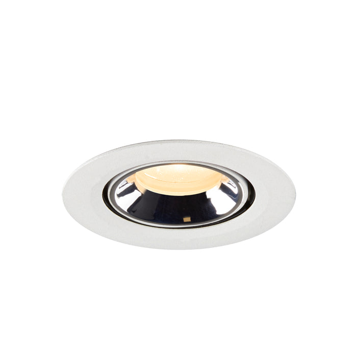 Recessed ceiling light fixture in white metal finish with a black interior, featuring a warm LED bulb for efficient illumination.