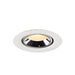 Recessed ceiling light fixture in white metal finish with a black interior, featuring a warm LED bulb for efficient illumination.