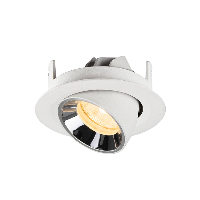 Recessed ceiling light fixture in white metal with a polished chrome finish and warm LED bulb, designed for flush mounting.