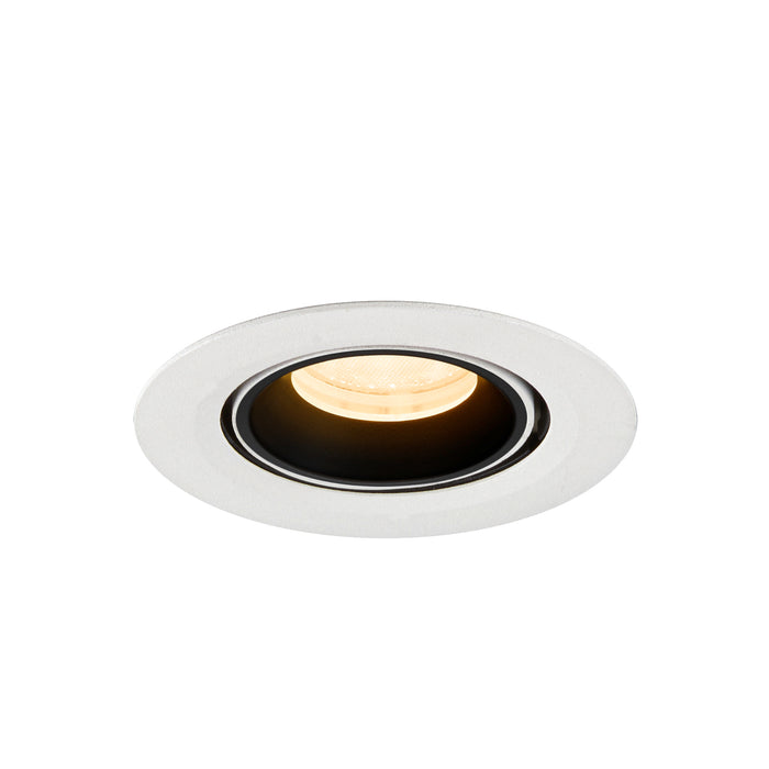 Recessed ceiling light fixture made of metal with a matte white finish and a warm yellow LED bulb, designed for flush mounting.