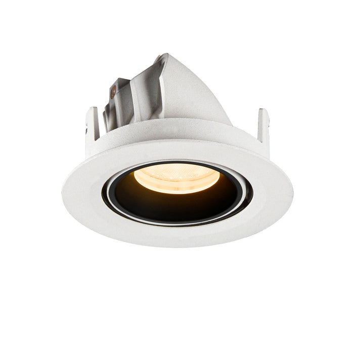 Recessed ceiling light fixture in white metal finish with a warm yellow LED bulb and black interior, designed for flush mounting.