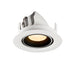 Recessed ceiling light fixture in white metal finish with a warm yellow LED bulb and black interior, designed for flush mounting.