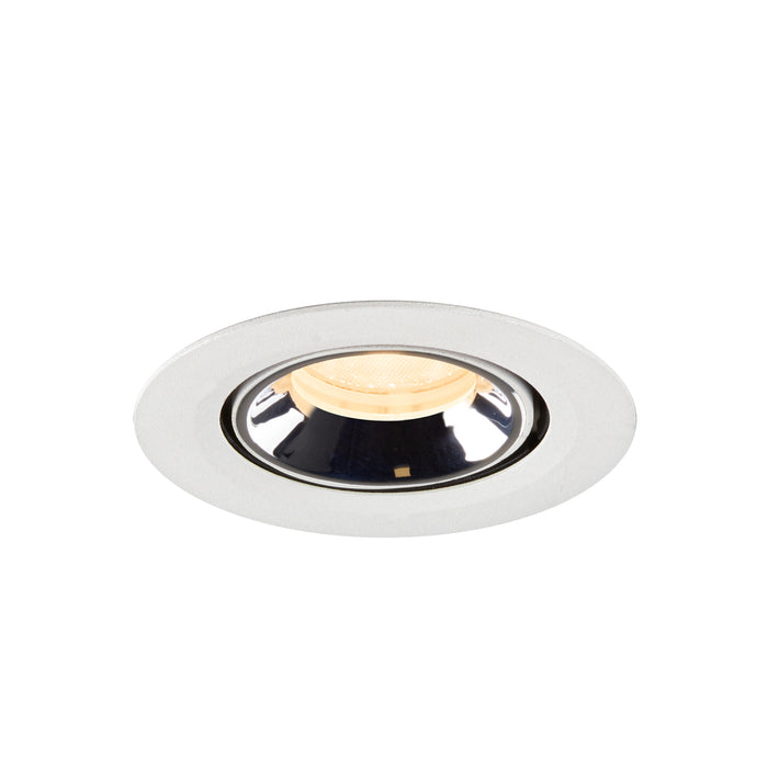 Recessed downlight fixture made of metal with a polished chrome finish and a white trim, designed for ceiling mounting.