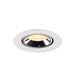 Recessed downlight fixture made of metal with a polished chrome finish and a white trim, designed for ceiling mounting.