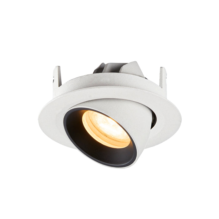 Recessed spotlight in white metal finish with a black interior, featuring a warm LED bulb and designed for ceiling mounting.