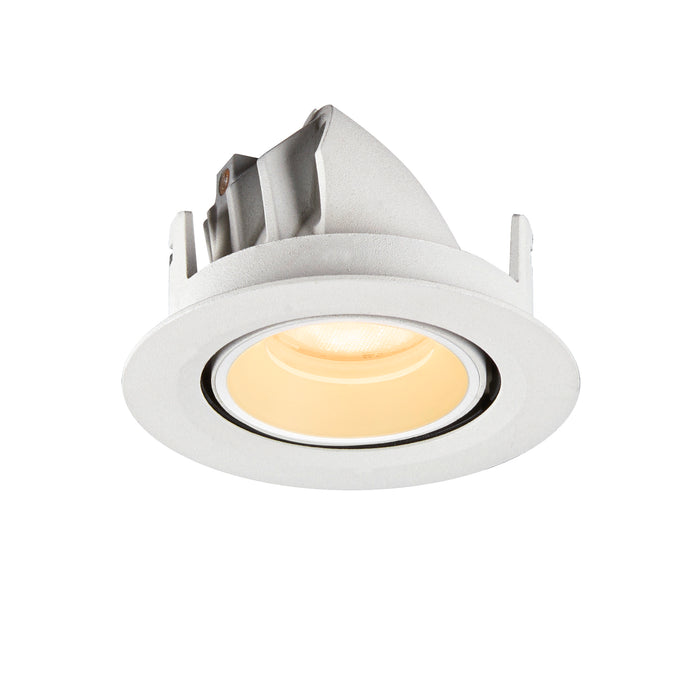 White recessed downlight fixture, textured finish, ceiling mount.