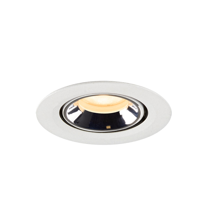 Recessed ceiling light fixture in polished chrome finish with a white trim and warm LED bulb, designed for flush mounting.