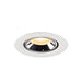 Recessed ceiling light fixture in polished chrome finish with a white trim and warm LED bulb, designed for flush mounting.