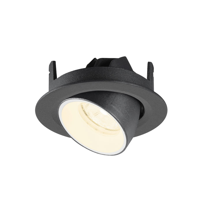 Black recessed ceiling light fixture, adjustable angle, textured finish.
