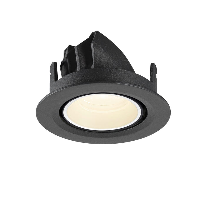 Black recessed ceiling light fixture, adjustable angle, with white interior.