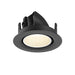Black recessed ceiling light fixture, adjustable angle, with white interior.