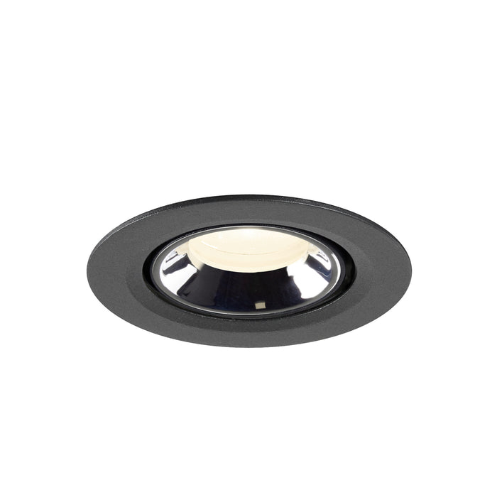 Recessed ceiling light fixture in black metal finish with a reflective chrome interior, designed for flush mounting.