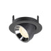 Black recessed spotlight with a matte finish, featuring a reflective interior and designed for ceiling mounting.