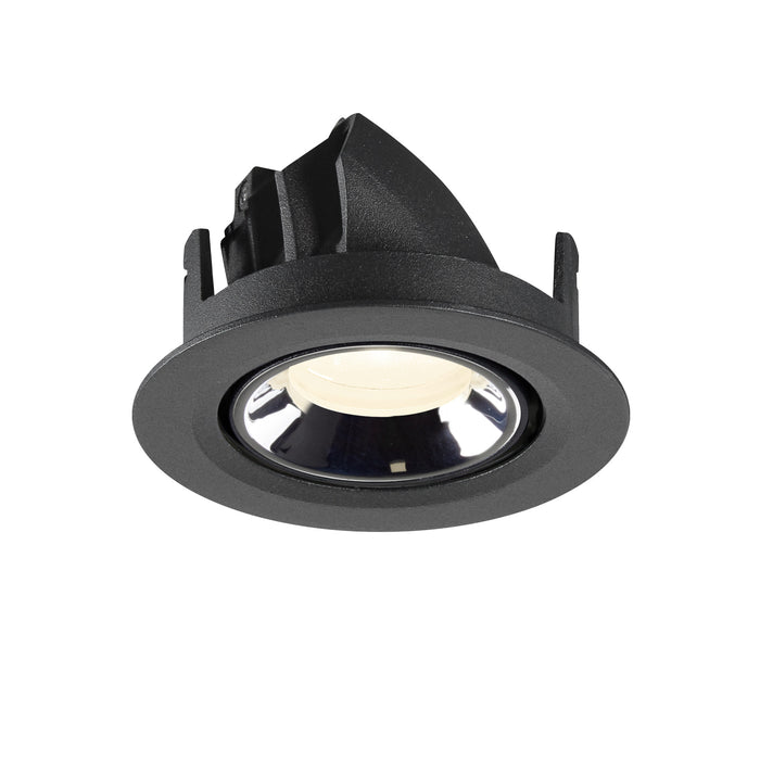 Recessed ceiling light fixture in black metal with a sleek finish and adjustable lens for focused illumination.