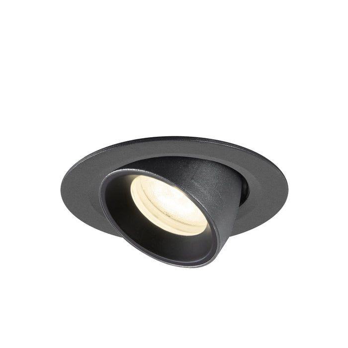 Recessed ceiling light fixture, black finish, adjustable spotlight.