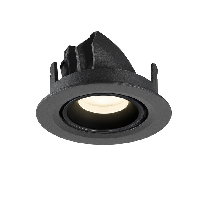 Recessed ceiling light fixture, black finish, adjustable spotlight.
