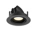 Recessed ceiling light fixture, black finish, adjustable spotlight.
