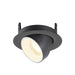 Black recessed ceiling light fixture, adjustable angle, textured finish.
