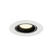 Recessed ceiling light fixture with a white metal finish and black interior, featuring a round design and warm white LED bulb.