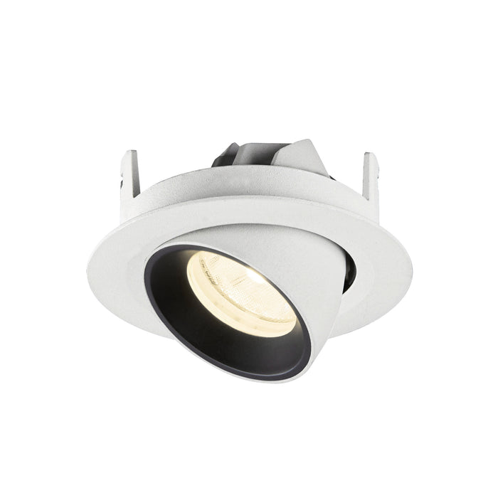Recessed spotlight in white metal finish with a black interior, designed for ceiling mounting, featuring adjustable light direction.