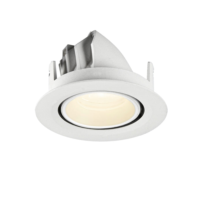 Recessed ceiling light, white finish, adjustable gimbal trim.
