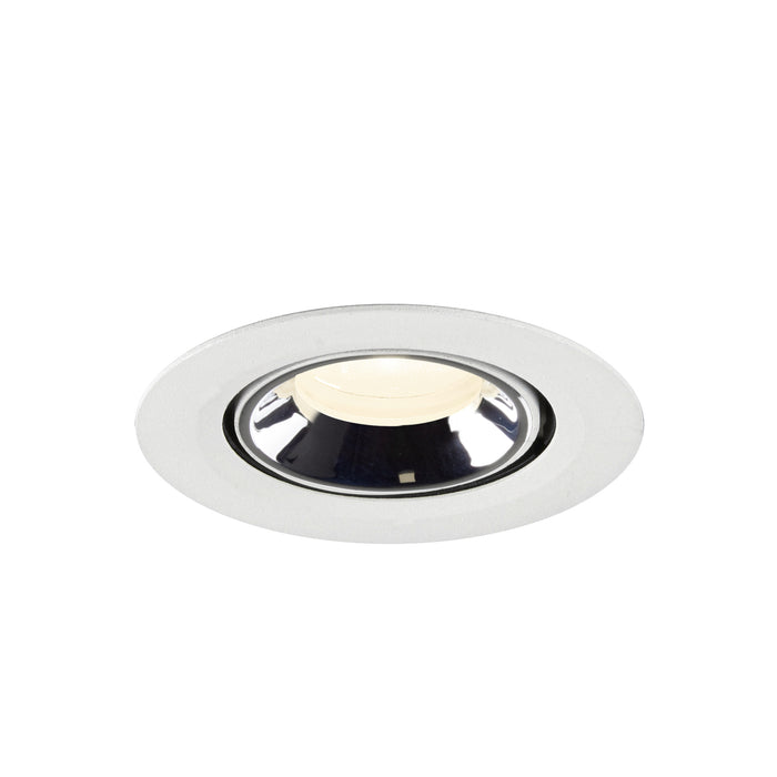 Recessed ceiling light fixture made of metal with a white finish and chrome reflector, designed for flush mounting.