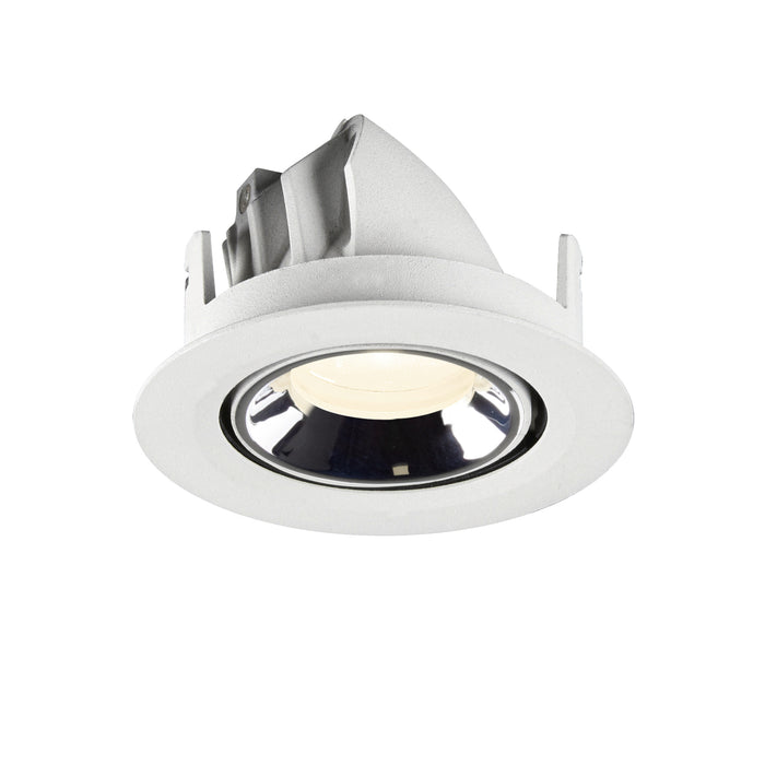 Recessed ceiling light fixture in white metal with a polished chrome reflector and warm white LED bulb, designed for flush mounting.