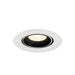 Recessed ceiling light fixture in white metal finish with a black interior, featuring a round design and warm white LED bulb.