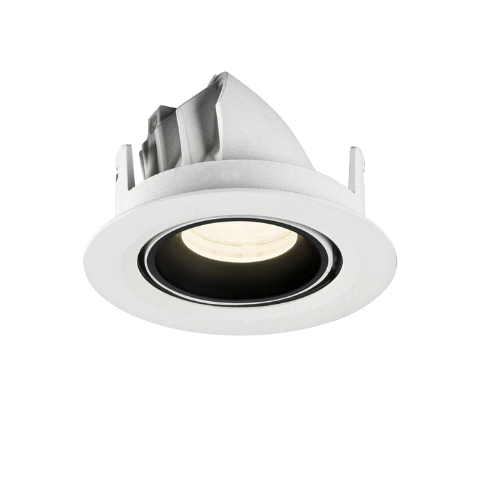Recessed ceiling light fixture made of aluminum with a matte white finish and black interior, designed for easy mounting in various spaces.