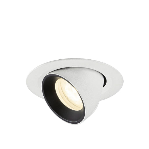 Recessed ceiling light fixture made of metal with a textured white finish and black interior, designed for flush mounting.