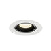 Recessed ceiling light fixture in white metal finish with a black interior, featuring a warm white LED bulb for modern lighting solutions.