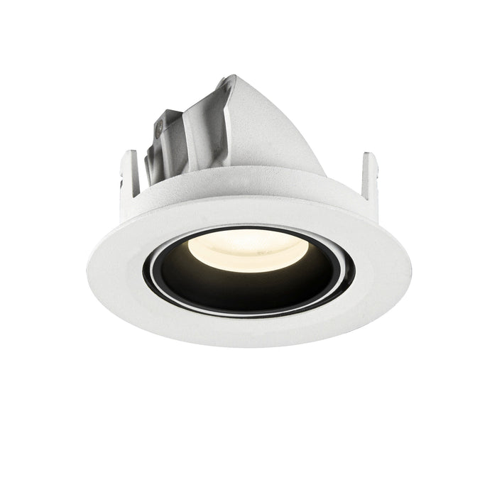 Recessed ceiling light fixture made of metal with a matte white finish and black interior, designed for easy mounting.