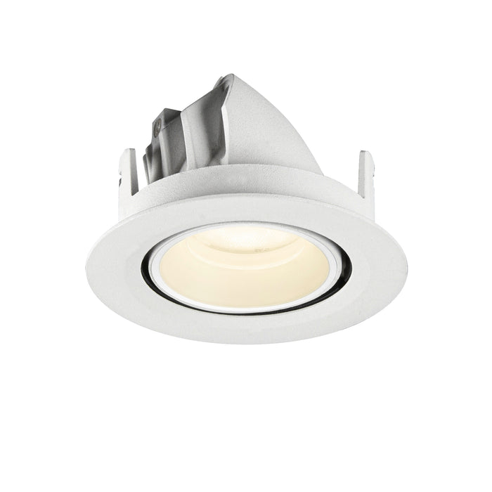 White recessed downlight fixture, textured finish, ceiling mount.
