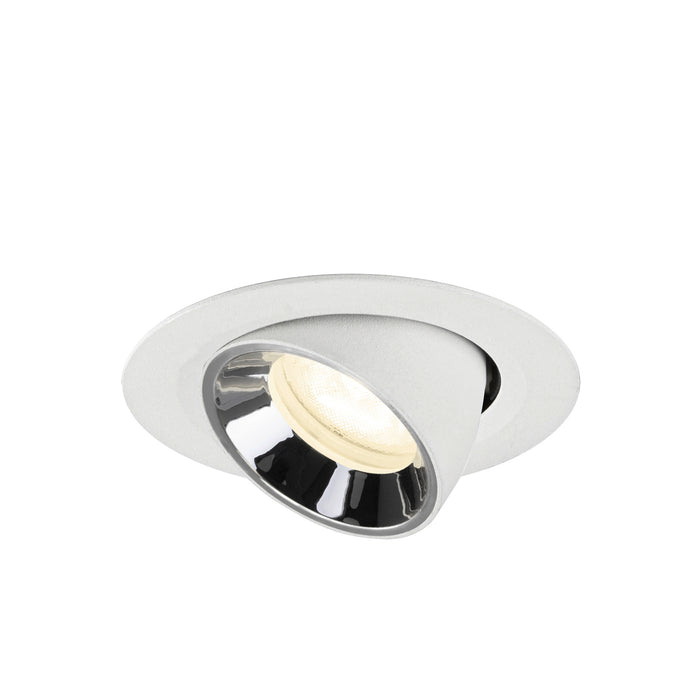 Recessed ceiling light fixture in white metal with a polished chrome reflector, designed for adjustable mounting.