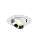 Recessed ceiling light fixture in white metal with a polished chrome reflector, designed for adjustable mounting.
